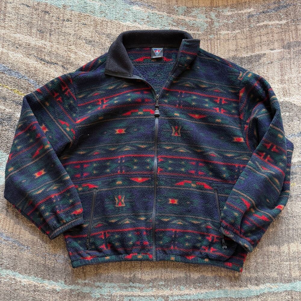 Vintage 90's Timberline Colorado Blue Aztec Fleece Zip Up Bomber Jacket Sz Large